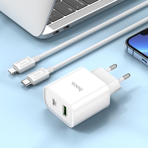 Adaptador de red Hoco C80A Plus, 20 W, Power Delivery (PD), blanco, 2 puertos, #6931474779885 Vista previa  2
