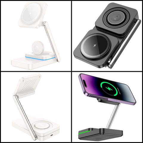 Безпровідний зарядний пристрій Hoco CQ10 3-in-1, Fast Charge, чорне, USB тип-C, 15 Вт, розкладне, портативний, магнітне, #6942007618359 Прев'ю 1